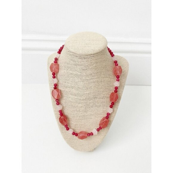 NWT Genuine Rose Quartz & Cherry Quartz Necklace Beaded Pink - Picture 1 of 5